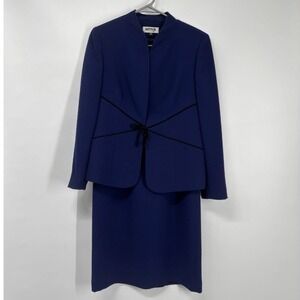 Vintage Kasper 2 Piece Dress Suit Set Size 6P Navy Blue Black Velvet Accents